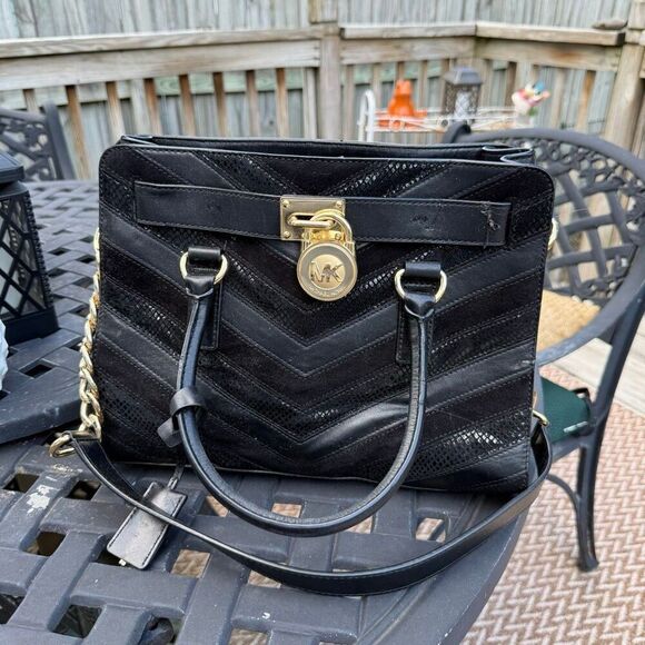 MICHAEL KORS Blk Hamilton Metallic Snake Embossed Leather Bag Satchel Purse - Picture 1 of 7